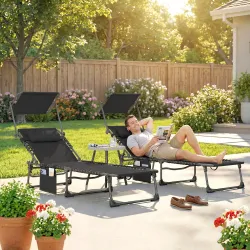 Set de 2 Tumbonas Plegables con Reposacabezas Parasol Bolsillo Lateral y Respaldo Reclinable en 5 Posiciones Negro - Ogal.Es
