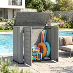 Cobertizo de Jardín de HDPE 940L con Tapa Abatible 2 Puertas Cerradura Cobertizo de Jardín 142x67x119 cm Gris Claro - Ogal.Es