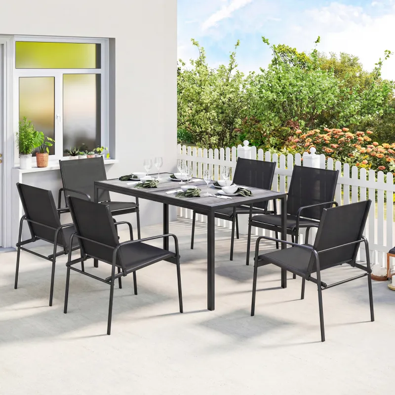 Conjunto de Mesa y Sillas Jardín con Mesa de Efecto Madera y 6 Sillas con Asiento Transpirable para Terraza Pati... - Ogal.Es