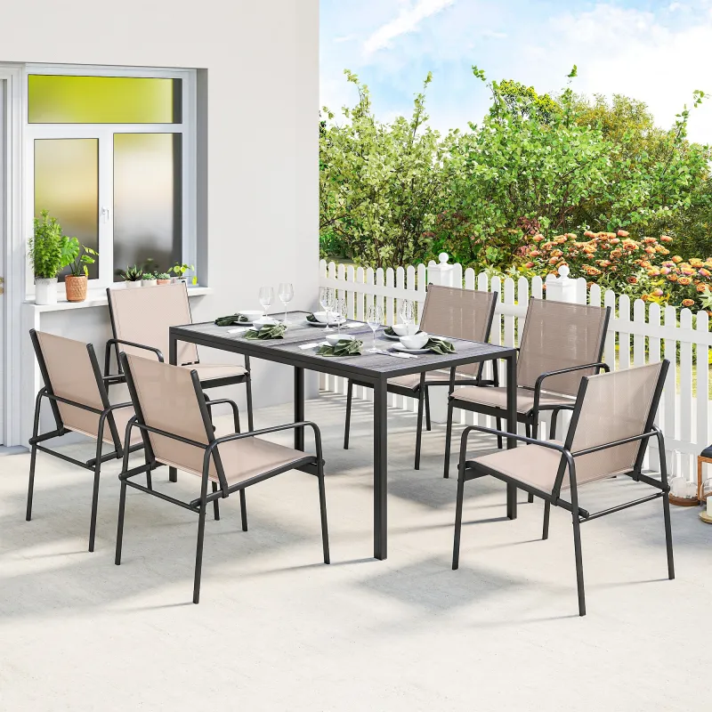 Conjunto de Mesa y Sillas Jardín con Mesa de Efecto Madera y 6 Sillas con Asiento Transpirable para Terraza Pati... - Ogal.Es