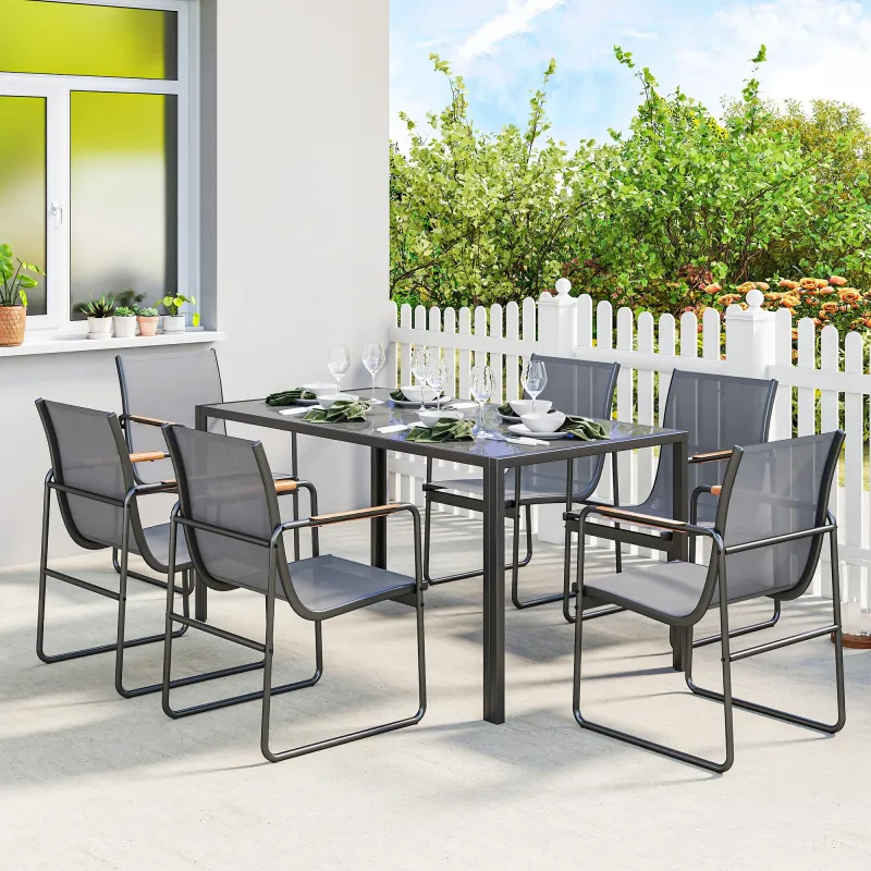Conjunto de Mesa y Sillas Jardín con Mesa de Vidrio Templado y 6 Sillas Transpirables para Terraza Patio Gris - Ogal.Es