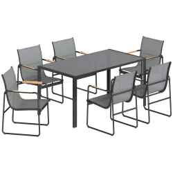 Conjunto de Mesa y Sillas Jardín con Mesa de Vidrio Templado y 6 Sillas Transpirables para Terraza Patio Gris - Ogal.Es