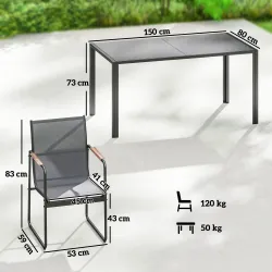 Conjunto de Mesa y Sillas Jardín con Mesa de Vidrio Templado y 6 Sillas Transpirables para Terraza Patio Gris - Ogal.Es