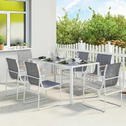 Conjunto de Mesa y Sillas Jardín con Mesa de Vidrio Templado y 6 Sillas Transpirables para Terraza Patio Blanco ... - Ogal.Es