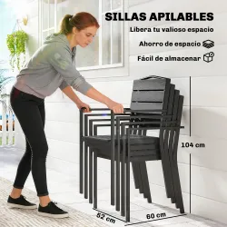 Juego de 4 Sillas de Jardín Exterior Apilables con Reposabrazos Respaldo y Asiento Marco Metálico 52x51x90 cm Negro - Ogal.Es