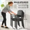 Juego de 4 Sillas de Jardín Exterior Apilables con Reposabrazos Respaldo y Asiento Marco Metálico 52x51x90 cm Negro - Ogal.Es