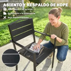 Juego de 4 Sillas de Jardín Exterior Apilables con Reposabrazos Respaldo y Asiento Marco Metálico 52x51x90 cm Negro - Ogal.Es