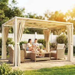 Pérgola de Jardín 3x4 m con Protección UPF 50+ Gazebo con Cortinas Estructura de Acero para Sombra Exterior Beige - Ogal.Es