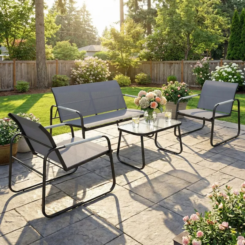 Conjunto de Jardín Exterior con 1 Sofá de 2 Plazas 2 Sillones y Mesa de Vidrio Templado Textilene Transpirable Gris - Ogal.Es