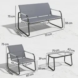 Conjunto de Jardín Exterior con 1 Sofá de 2 Plazas 2 Sillones y Mesa de Vidrio Templado Textilene Transpirable Gris - Ogal.Es