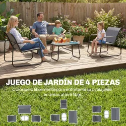 Conjunto de Jardín Exterior con 1 Sofá de 2 Plazas 2 Sillones y Mesa de Vidrio Templado Textilene Transpirable Gris - Ogal.Es