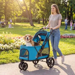 Carrito para Perros Plegable con 3 Ruedas Ventanas de Malla Cojín Lavable Todo Terreno Carga 20 kg 92x63x95 cm Azul - Ogal.Es