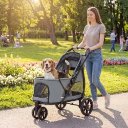 Carrito para Perros Plegable con 3 Ruedas Ventanas de Malla Cojín Lavable Todo Terreno Carga 20 kg 92x63x95 cm Gris - Ogal.Es