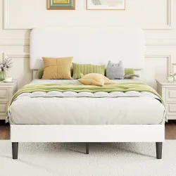 Estructura de Cama Doble con Cabecero Ajustable en Altura Tapizada en Borreguito Listones de Soporte Blanco - Ogal.Es