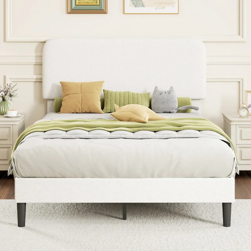 Estructura de Cama Doble con Cabecero Ajustable en Altura Tapizada en Borreguito Listones de Soporte Blanco - Ogal.Es