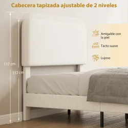 Estructura de Cama Doble con Cabecero Ajustable en Altura Tapizada en Borreguito Listones de Soporte Blanco - Ogal.Es
