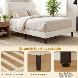 Estructura de Cama Doble con Cabecero Ajustable en Altura Tapizada en Borreguito Listones de Soporte Blanco - Ogal.Es