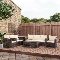 Conjunto de Jardín Exterior de Ratán 6 Piezas Cojines Sofá Doble Sofá 3 Plazas 2 Sillones 2 Mesas Auxiliares Caqui - Ogal.Es