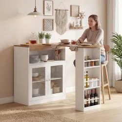 Mesa de Bar Extensible y Giratoria 90° con Estantes Abiertos y 2 Puertas de Vidrio 150x80x105,5 cm Blanco y Natural - Ogal.Es