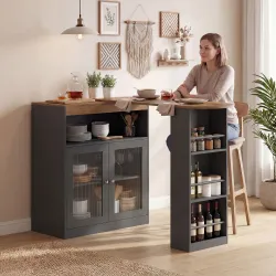 Mesa de Bar Extensible y Giratoria 90° con Estantes Abiertos y 2 Puertas de Vidrio 150x80x105,5 cm Negro y Natural - Ogal.Es
