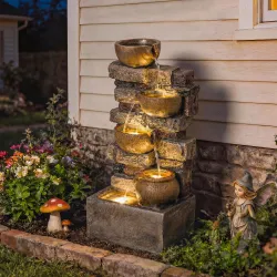 Fuente de Jardín con Iluminación LED Bomba Fuente Decorativa en Cascada de 5 Niveles Flujo Ajustable Marrón Rústico - Ogal.Es