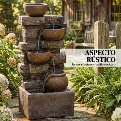 Fuente de Jardín con Iluminación LED Bomba Fuente Decorativa en Cascada de 5 Niveles Flujo Ajustable Marrón Rústico - Ogal.Es
