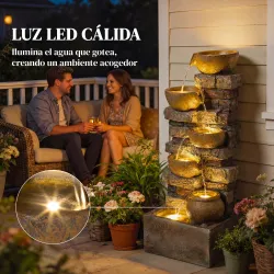 Fuente de Jardín con Iluminación LED Bomba Fuente Decorativa en Cascada de 5 Niveles Flujo Ajustable Marrón Rústico - Ogal.Es