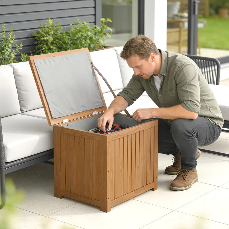 Arcón Exterior de Madera 130L Baúl Almacenaje Exterior con Forro Tapa con Bisagras y Correa 63x51x58,5 cm Marrón - Ogal.Es