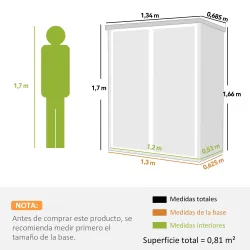 Cobertizo de Jardín Exterior de Plástico 0,81 m² 134x68,5x170 cm con Suelo 2 Estantes Plegables Puertas con Pest... - Ogal.Es