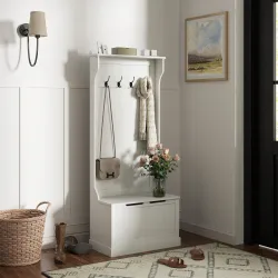 Perchero Zapatero con Banco de Almacenamiento 4 Ganchos Estilo Moderno 71,5x39,5x170 cm Blanco - Ogal.Es
