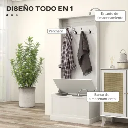 Perchero Zapatero con Banco de Almacenamiento 4 Ganchos Estilo Moderno 71,5x39,5x170 cm Blanco - Ogal.Es