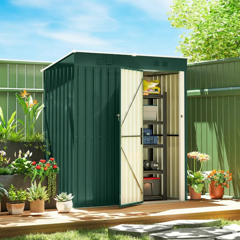 Cobertizo de Jardín Exterior 1,37 m² 163x90x179 cm con Puerta con Pestillo y Ranuras de Ventilación Verde - Ogal.Es