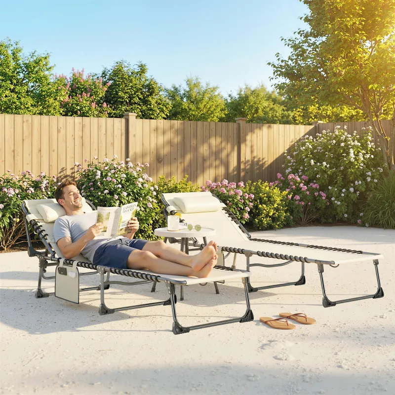 Set de 2 Tumbonas Plegables con Reposacabezas Bolsillo Lateral y Respaldo Reclinable en 5 Posiciones Blanco Crema - Ogal.Es
