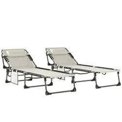 Set de 2 Tumbonas Plegables con Reposacabezas Bolsillo Lateral y Respaldo Reclinable en 5 Posiciones Blanco Crema - Ogal.Es