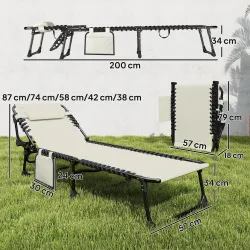 Set de 2 Tumbonas Plegables con Reposacabezas Bolsillo Lateral y Respaldo Reclinable en 5 Posiciones Blanco Crema - Ogal.Es