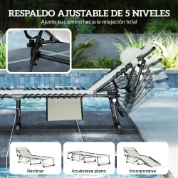Set de 2 Tumbonas Plegables con Reposacabezas Bolsillo Lateral y Respaldo Reclinable en 5 Posiciones Blanco Crema - Ogal.Es
