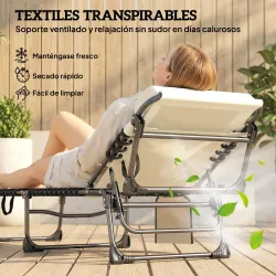 Set de 2 Tumbonas Plegables con Reposacabezas Bolsillo Lateral y Respaldo Reclinable en 5 Posiciones Blanco Crema - Ogal.Es