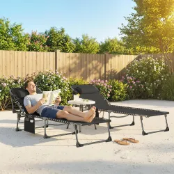Set de 2 Tumbonas Plegables con Reposacabezas Bolsillo Lateral y Respaldo Reclinable en 5 Posiciones Negro - Ogal.Es