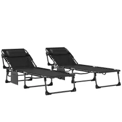 Set de 2 Tumbonas Plegables con Reposacabezas Bolsillo Lateral y Respaldo Reclinable en 5 Posiciones Negro - Ogal.Es