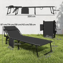 Set de 2 Tumbonas Plegables con Reposacabezas Bolsillo Lateral y Respaldo Reclinable en 5 Posiciones Negro - Ogal.Es