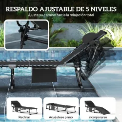 Set de 2 Tumbonas Plegables con Reposacabezas Bolsillo Lateral y Respaldo Reclinable en 5 Posiciones Negro - Ogal.Es