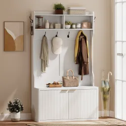 Perchero Zapatero 4 en 1 Perchero Moderno con Estante Abierto para Pasillo Entrada Dormitorio 100x38x172 cm Blanco - Ogal.Es