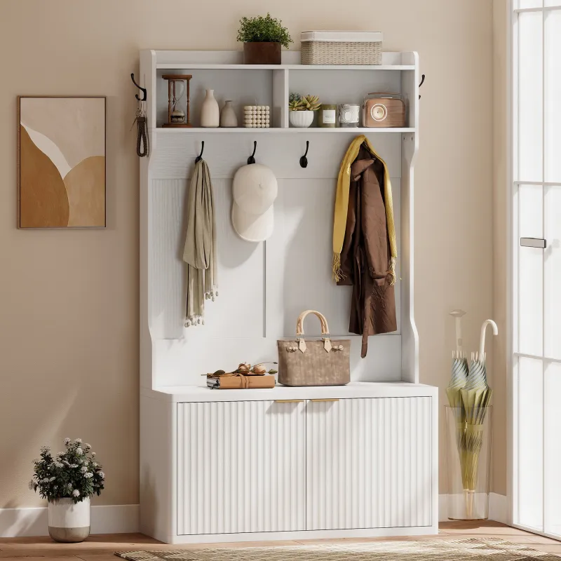 Perchero Zapatero 4 en 1 Perchero Moderno con Estante Abierto para Pasillo Entrada Dormitorio 100x38x172 cm Blanco - Ogal.Es