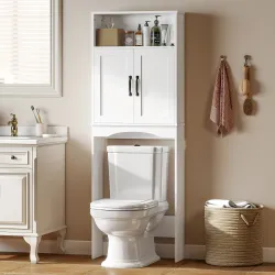 Armario sobre Inodoro Mueble de Baño con 2 Puertas de Cierre Silencioso Estante Abierto 64x21x173,5 cm Blanco - Ogal.Es