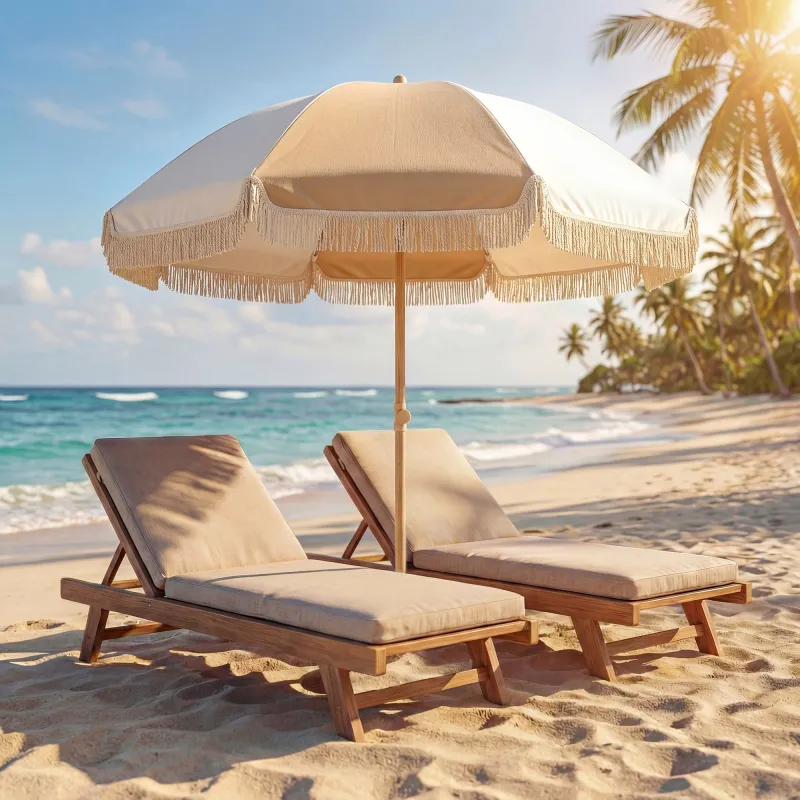 Sombrilla de Playa con Flecos Ø175 cm Sombrilla de Terraza Exterior con Altura Ajustable Inclinación 30° Blanco ... - Ogal.Es