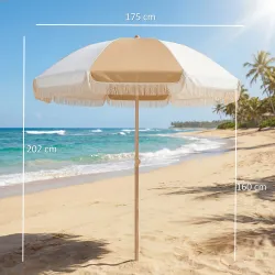 Sombrilla de Playa con Flecos Ø175 cm Sombrilla de Terraza Exterior con Altura Ajustable Inclinación 30° Blanco ... - Ogal.Es