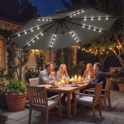 Parasol Excéntrico con Luces LED Solares Ø345 cm Sombrilla Jardín de Aluminio con Base Cruzada Manivela Funda Gris - Ogal.Es