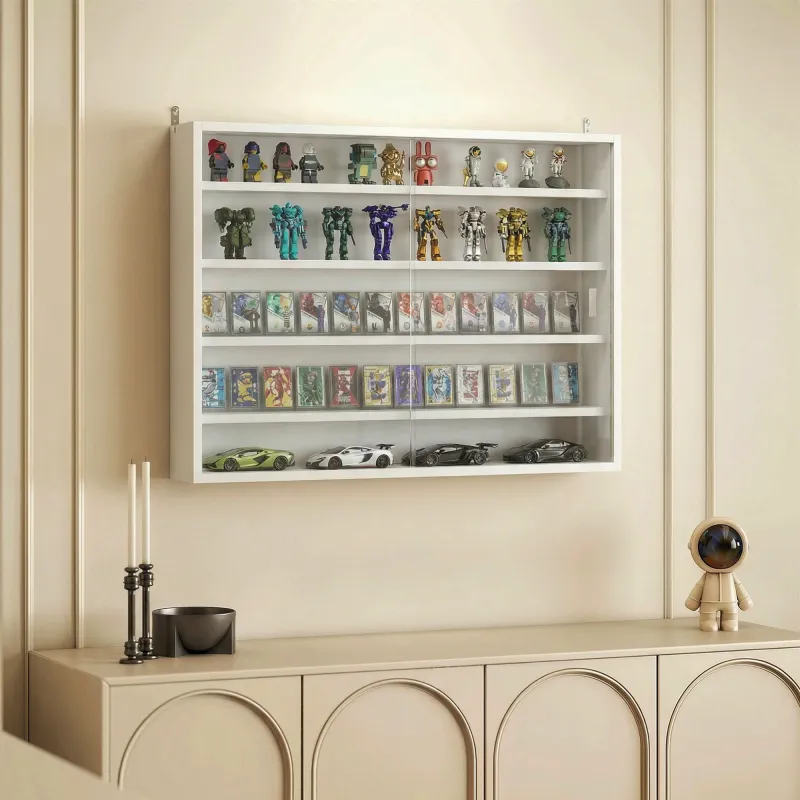 Vitrina de Pared de Madera con Estantes Ajustables y 2 Puertas Correderas de Cristal 80x9,5x60 cm Blanco - Ogal.Es