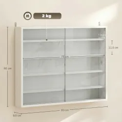 Vitrina de Pared de Madera con Estantes Ajustables y 2 Puertas Correderas de Cristal 80x9,5x60 cm Blanco - Ogal.Es