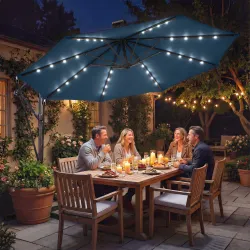 Parasol Excéntrico con Luces LED Solares Ø345 cm Sombrilla Jardín de Aluminio con Base Cruzada Manivela Funda Azul - Ogal.Es
